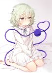  1girl alternate_costume barefoot blush dress eyeball full_body green_eyes green_hair hair_between_eyes heart heart_of_string honotai komeiji_koishi long_sleeves looking_away nose_blush parted_lips short_hair sitting solo third_eye touhou v_arms wariza white_dress 