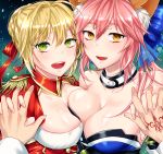  10s 2girls :d animal_ears aoi_chimaki bangs bare_shoulders blonde_hair blue_kimono blue_ribbon blush breast_press breasts choker cleavage cleavage_cutout collarbone command_spell dress epaulettes fang fate/extra fate/grand_order fate_(series) fox_ears green_eyes hair_between_eyes hair_ribbon hand_holding heart heart-shaped_pupils interlocked_fingers japanese_clothes kimono large_breasts looking_at_viewer multiple_girls nero_claudius_(fate) nero_claudius_(fate)_(all) open_mouth pink_hair pov pov_hands red_dress red_ribbon ribbon smile symbol-shaped_pupils symmetrical_docking tamamo_(fate)_(all) tamamo_no_mae_(fate) upper_body yellow_eyes 