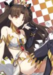  1girl bangs bare_shoulders black_bow black_legwear bow breasts brown_hair checkered checkered_background cleavage closed_mouth crown eyebrows_visible_through_hair fate/grand_order fate_(series) gem hair_bow highres ishtar_(fate/grand_order) long_hair looking_at_viewer medium_breasts navel nikame parted_bangs single_sleeve sitting smile solo thigh-highs thighs tohsaka_rin tsurime yellow_eyes 
