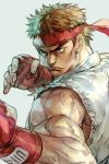  brown_hair dougi eyebrows fighting_stance fingerless_gloves gloves hankuri headband red_gloves red_headband ryuu_(street_fighter) simple_background solo spiky_hair street_fighter torn_clothes torn_sleeves 