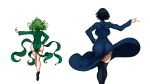  2girls ass backboob black_legwear blue_hair breasts from_behind fubuki_(one-punch_man) full_body gluteal_fold green_hair grey_background highres hips huge_ass medium_breasts multiple_girls no_panties one-punch_man pointing short_hair siblings simple_background sisters tatsumaki the_golden_smurf thigh-highs thighs white_background 