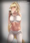  1girl arm_at_side artist_name blonde_hair blush bra breasts breath brown_eyes closed_mouth cowboy_shot eyebrows_visible_through_hair hair_between_eyes highres kimjunho large_breasts long_hair looking_at_viewer midriff nail_polish navel ponytail shirt simple_background smile solo sports_bra taut_clothes taut_shirt twitter_username underwear very_long_hair white_bra 