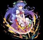 1girl :&gt; black_background blue_hair boots cross-laced_footwear e.o. fire food fruit hair_blowing hands_together hat hinanawi_tenshi layered_skirt leaf long_hair long_skirt looking_at_viewer peach puffy_short_sleeves puffy_sleeves red_eyes short_sleeves simple_background skirt smile solo sword_of_hisou touhou v_arms very_long_hair