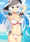  1girl absurdres bangs bikini bilan_hangxian blue_eyes blush breasts cowboy_shot day hand_on_headwear hat highres illustrious_(bilan_hangxian) index_finger_raised large_breasts long_hair looking_at_viewer low_twintails navel outdoors pointing pointing_at_viewer side-tie_bikini smile solo sun_hat swimsuit twintails very_long_hair water white_bikini white_hair xiao_xiao_touming 