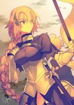  1boy 1girl absurdres armor artist_name back-to-back bangs blonde_hair braid closed_mouth eyebrows_visible_through_hair fate/apocrypha fate_(series) faulds gauntlets hair_between_eyes hand_up headpiece highres holding_flag long_hair looking_to_the_side nikame outdoors ruler_(fate/apocrypha) sieg_(fate/apocrypha) signature single_braid solo_focus standard_bearer thigh-highs very_long_hair violet_eyes wavy_hair 