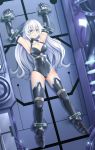  1girl arms_up bare_shoulders bdsm black_heart blue_eyes bodysuit bondage bound breasts leotard long_hair medium_breasts neptune_(series) restrained solo spread_legs stationary_restraints symbol-shaped_pupils very_long_hair white_hair yasume_yukito 