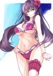 1girl bikini bracelet breasts cleavage commentary_request fate/grand_order fate_(series) flower garters hair_flower hair_ornament hand_on_hip heart jewelry large_breasts long_hair looking_at_viewer nagasawa_tougo navel parted_lips purple_bikini purple_hair red_eyes scathach_(fate/grand_order) smile solo standing swimsuit under_boob 