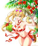  1girl :d bangs between_fingers bikini blonde_hair blush breasts cleavage coconut collarbone crazy_straw credit_card criss-cross_halter drinking_straw eyebrows_visible_through_hair fate/grand_order fate_(series) flower green_eyes hair_between_eyes hair_intakes halterneck heart-shaped_sunglasses hibiscus holding large_breasts long_hair navel nero_claudius_(swimsuit_caster)_(fate) open_mouth palm_tree rainbow red_bikini red_flower sandals side-tie_bikini sidelocks smile solo sunglasses sunglasses_on_head swimsuit thighs tree twintails twitter_username uchuu_gorira white_bikini 