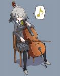  1girl alternate_costume bangs black_legwear black_necktie bow_(instrument) cello chair commentary_request contemporary eyebrows_visible_through_hair full_body green_eyes grey_background grey_hair grey_shirt grey_skirt instrument kemono_friends long_sleeves low_ponytail multicolored_hair music musical_note necktie playing_instrument pleated_skirt serious shirt shoebill_(kemono_friends) side_ponytail simple_background sitting skirt solo spoken_musical_note tansuke 