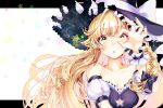  1girl :o bangs bare_shoulders black_hat blonde_hair bow breasts cleavage cleavage_cutout collarbone curly_hair hat hat_bow kirisame_marisa letterboxed long_hair looking_at_viewer medium_breasts mokokiyo_(asaddr) solo star star_cutout touhou upper_body very_long_hair white_bow witch_hat wrist_cuffs yellow_eyes 