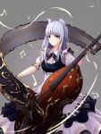  1girl absurdres animal_ears blue_eyes bow_(instrument) cello dress grey_background highres instrument looking_at_viewer music musical_note original piano_print playing_instrument scroll see_n silver_hair standing 