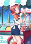  1girl apron artist_request beret day eating food gloves hat holding ice_cream ice_cream_cone ice_cream_spoon kneehighs love_live! love_live!_school_idol_festival necktie nishikino_maki ocean official_art outdoors palm_tree redhead short_hair short_sleeves skirt solo spoon spoon_in_mouth star sunlight tree uniform violet_eyes 