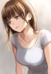  1girl blouse breasts brown_eyes brown_hair closed_mouth collarbone expressionless gradient gradient_background grey_blouse lips long_hair looking_to_the_side medium_breasts mole mole_under_eye mole_under_mouth nishizawa original short_sleeves solo tsurime 