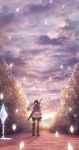  1girl boots brown_hair clouds cloudy_sky commentary_request crystal dress fantasy highres knee_boots long_hair long_sleeves magic original road sakimori_(hououbds) scenery side_ponytail sky solo sword_on_back 
