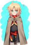  1girl ahoge bangs blonde_hair blush cloak closed_mouth eyebrows_visible_through_hair fate/apocrypha fate_(series) green_eyes looking_at_viewer parted_bangs saber_of_red sheath sheathed sidelocks solo sword weapon yorukun younger 