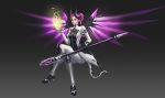  1girl alternate_costume bodysuit breasts dark_persona demon_horns ear_piercing emblem energy facial_mark faulds floating forehead_mark full_body gradient gradient_background greaves grey_background highres holding holding_staff horns imp_mercy legs_crossed lipstick looking_at_viewer makeup mechanical_wings medium_breasts mercy_(overwatch) overwatch patch piercing ponytail purple_hair purple_lips purple_wings sitting solo spread_wings staff violet_eyes wings zzy12853 