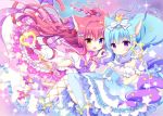 2girls :d animal_ears bare_shoulders bent_over blue_eyes blue_hair blue_legwear blush boots bow breasts cat_ears cat_tail choker commentary_request crown detached_collar eyebrows_visible_through_hair fang flat_chest food_themed_hair_ornament frilled_legwear frilled_sleeves frills gradient_hair hair_ornament heart heart_hands heart_hands_duo heterochromia high-waist_skirt kamishiro_piyo knees_together_feet_apart long_hair looking_at_viewer magical_girl medium_breasts mini_crown mismatched_legwear multicolored_hair multiple_girls open_mouth original outstretched_arm parted_lips pink_bow polka_dot polka_dot_legwear puffy_short_sleeves puffy_sleeves purple_hair purple_legwear redhead sailor_collar short_sleeves skirt smile sparkle star strawberry_hair_ornament tail thigh-highs two_side_up very_long_hair violet_eyes wand white_boots white_legwear wrist_cuffs yellow_eyes 