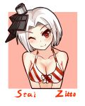  1girl ;) alternate_breast_size bikini bikini_top blush breasts cleavage front-tie_bikini front-tie_top headgear highres looking_at_viewer medium_breasts one_eye_closed red_eyes short_hair sketch smile solo striped striped_bikini swimsuit vittorio_veneto_(zhan_jian_shao_nyu) white_hair xiao_bing_qiaokeli zhan_jian_shao_nyu 