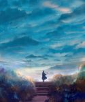 +_+ 1girl ahoge blue_sky braid bush clouds cloudy_sky commentary_request long_hair original sakimori_(hououbds) scenery sky solo stairs standing 