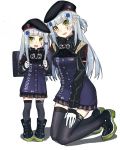  2girls :d ankle_boots backpack bag bangs beret black_hat black_legwear blunt_bangs boots braid buttons collar dual_persona echj flush french_braid girls_frontline gloves green_eyes hand_on_lap hat hk416_(girls_frontline) iron_cross kneeling long_hair looking_at_viewer multiple_girls open_mouth plaid plaid_skirt pleated_skirt randoseru shadow simple_background skirt smile thigh-highs uniform white_background white_gloves white_hair younger 