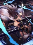 1girl absurdres black_legwear blue_eyes breasts cape cleavage dual_wielding highres holding holding_sword holding_weapon midriff motion_blur navel running see_n silver_hair skirt small_breasts solo sword thigh-highs weapon white_cape 