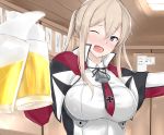  1girl anchor beer_mug blonde_hair blue_eyes blush breasts capelet ceiling graf_zeppelin_(kantai_collection) hair_between_eyes highres impossible_clothes indoors iron_cross jacket kantai_collection large_breasts long_hair looking_at_viewer maruya1006 necktie one_eye_closed open_mouth red_necktie solo toast_(gesture) twintails upper_body white_jacket 