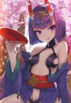  1girl :p alcohol bangs blunt_bangs bob_cut breasts cherry_blossoms cup eyebrows_visible_through_hair fate/grand_order fate_(series) highres horns japanese_clothes kimono looking_at_viewer mhong oni oni_horns pale_skin petals purple_hair sakazuki sake short_hair shuten_douji_(fate/grand_order) small_breasts solo tongue tongue_out violet_eyes 