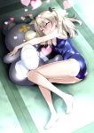  10s 1girl ^_^ bare_arms bare_legs bare_shoulders barefoot blue_swimsuit blush breasts character_request closed_eyes closed_mouth full_body girls_und_panzer grey_hair heart highres long_hair lying nakahira_guy on_side one-piece_swimsuit small_breasts smile solo stuffed_animal stuffed_toy swimsuit teddy_bear twintails 