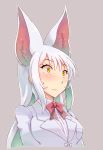  1girl animal_ears blush breasts embarrassed fox_ears grey_background highres kemono_friends long_hair looking_at_viewer medium_breasts oinari-sama_(kemono_friends) sakuragi_rian simple_background solo sweat upper_body 