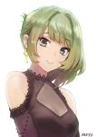  1girl artist_name black_dress blue_eyes commentary_request dress earrings green_eyes green_hair heterochromia idolmaster idolmaster_cinderella_girls jewelry looking_at_viewer meto31 mole mole_under_eye short_hair simple_background smile solo takagaki_kaede upper_body white_background 