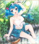  1girl :d arm_support arm_up backpack backpack_removed bag bangs bare_arms barefoot blue_eyes blue_hair blush boots boots_removed breasts cattail cleavage clothes_around_waist collarbone dappled_sunlight day eyebrows_visible_through_hair grass hair_ornament hat holding kawashiro_nitori knee_up kodamahikarigo large_breasts light_rays looking_at_viewer midriff nature navel open_mouth outdoors plant pocket sample short_hair sitting smile soaking_feet solo sunlight tank_top touhou traditional_media two_side_up water wrench 