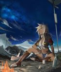  1girl :t arm_support armband black_jacket blazblue blazblue:_chronophantasma boots bottle breasts brown_boots brown_eyes brown_gloves bullet_(blazblue) campfire cleavage clouds collarbone cup cutoffs dark_skin denim denim_shorts eating fingerless_gloves fire food full_body georugu13 gloves highres jacket large_breasts looking_afar looking_up meat mug navel night night_sky open_clothes open_jacket outdoors scar short_hair short_shorts shorts sitting sky solo spiky_hair spread_legs star_(sky) starry_sky stomach white_hair 