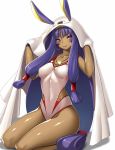  1girl animal_ears bangs bare_legs bare_shoulders blunt_bangs breasts commentary_request dark_skin egyptian facial_mark fate/grand_order fate_(series) from_side hair_between_eyes hair_ornament highres long_hair looking_at_viewer looking_to_the_side low-tied_long_hair medium_breasts nitocris_(fate/grand_order) nitocris_(swimsuit_assassin)_(fate) one-piece_swimsuit pink_eyes purple_hair simple_background smile solo swimsuit takanashi-a thighs very_long_hair 