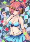  1girl bandage berserker_of_black blue_eyes blue_skirt breasts checkered checkered_background cleavage double_bun fate/grand_order fate_(series) frankenstein&#039;s_monster_(swimsuit_saber)_(fate) hair_ornament hair_over_one_eye highres looking_at_viewer medium_breasts otogi_kyouka pink_hair short_hair skirt solo 