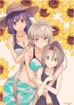  3girls :d bikini black_swimsuit braid breasts brown_eyes collarbone flat_chest flower hair_flaps hat high_ponytail highres kantai_collection large_breasts light_brown_hair long_hair low_twintails masukuza_j multiple_girls one-piece_swimsuit open_mouth purple_hair red_eyes single_braid smile sunflower swimsuit taigei_(kantai_collection) twintails twitter_username unryuu_(kantai_collection) very_long_hair white_hair yellow_eyes zuihou_(kantai_collection) 