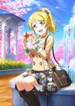  1girl artist_request ayase_eli bag belt blonde_hair blue_eyes blue_sky boots bow bracelet cherry_blossoms choker cookie day earrings floral_print flower food fountain gift hair_bow hair_flower hair_ornament hairclip holding jacket jewelry long_hair looking_at_viewer love_live! love_live!_school_idol_festival love_live!_school_idol_project official_art open_mouth outdoors ponytail sitting skirt sky smile solo tree water 
