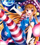  1girl :d american_flag_dress american_flag_legwear bangs blonde_hair blush breasts clownpiece dress earth eyebrows_visible_through_hair fairy fairy_wings hat holding jester_cap kodamahikarigo legs_up long_hair looking_at_viewer neck_ruff open_mouth outstretched_arm pantyhose print_legwear reclining sample short_dress short_sleeves sidelocks sky small_breasts smile solo star star_(sky) star_print starry_sky striped striped_legwear torch touhou traditional_media very_long_hair violet_eyes wings 