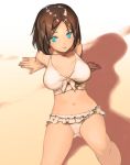  1girl arm_support bangs bikini blue_eyes breasts brown_hair frill_trim from_above front-tie_bikini front-tie_top kuuro_kuro large_breasts leaning_back looking_at_viewer looking_up navel open_mouth original outdoors parted_bangs short_hair smile solo swimsuit 