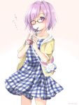  1girl bag black-framed_eyewear blush cowboy_shot cup dress drinking drinking_glass drinking_straw fate/grand_order fate_(series) hair_over_one_eye highres hood hoodie lavender_eyes lavender_hair looking_at_viewer open_clothes open_hoodie plaid plaid_dress shielder_(fate/grand_order) shiromoru_(yozakura_rety) short_hair shoulder_bag solo translation_request 