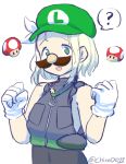  1girl ? blonde_hair bodysuit check_commentary chinad011 commentary commentary_request cosplay fake_mustache gloves green_eyes green_hat hat highres kantai_collection luigi luigi_(cosplay) luigi_torelli_(kantai_collection) super_mario_bros. namesake nintendo pale_skin short_hair solo super_mario_bros. super_mushroom upper_body white_gloves 