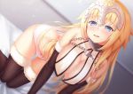  1girl all_fours black_gloves black_legwear blonde_hair blue_eyes blush bow bow_panties breasts butt_crack chains elbow_gloves fate/apocrypha fate/grand_order fate_(series) fur_trim gloves half-closed_eyes highres large_breasts long_hair looking_at_viewer panties parted_lips pink_panties ruler_(fate/apocrypha) smile solo thigh-highs thighs underwear white_panties zuizhong 