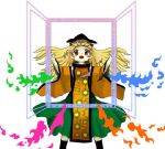  1girl black_hat blonde_hair hat long_hair lowres matara_okina official_art oota_jun&#039;ya open_mouth simple_background solo tabard touhou white_background wide_sleeves yellow_eyes 