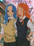  2girls alternate_costume blue_hair blurry blurry_background blush cherry_blossoms closed_eyes collared_shirt commentary_request earrings hand_on_another&#039;s_hip hand_on_own_hip highres jewelry long_hair long_sleeves looking_at_another multiple_girls nami_(one_piece) necktie nefertari_vivi one_piece orange_hair orange_nails outdoors parted_lips pearl_earrings pleated_skirt red_necktie school_uniform shirt single_sidelock skirt sleeves_rolled_up smile sweater_vest upper_body urasanmyaku watch watch wavy_hair white_shirt 