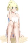  1girl :o bangs bare_arms bare_legs bare_shoulders bikini bikini_under_clothes blonde_hair blue_bikini blue_eyes blush breasts collarbone eyebrows_visible_through_hair feet_out_of_frame hand_in_hair highres legs_together lillie_(pokemon) looking_to_the_side medium_breasts open_mouth pokemon pokemon_(game) pokemon_sm ponytail sente simple_background solo strapless swimsuit tubetop white_background 