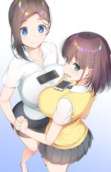  2girls ai-chan_(tawawa) asahina_hikage blue_background blue_eyes braid breast_press breasts brown_hair getsuyoubi_no_tawawa gradient gradient_background green_eyes hair_ornament hairclip hand_holding kouhai-chan_(tawawa) large_breasts long_hair looking_at_viewer looking_up mole mole_under_eye multiple_girls skirt symmetrical_docking tawawa_challenge thighs white_background 