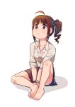  :&lt; ahoge barefoot blush brown_hair closed_mouth collarbone drill_hair eyebrows_visible_through_hair feet highres idolmaster idolmaster_million_live! jewelry kamille_(vcx68) looking_away necklace scrunchie short_hair sitting star star_necklace violet_eyes yokoyama_nao 