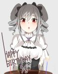  10s 1girl :o bangs birthday_cake blurry_foreground blush breasts cake candle commentary_request corset dated dress drill_hair eyebrows_visible_through_hair fire flame food gem grey_background grey_hair hair_ribbon happy_birthday idolmaster idolmaster_cinderella_girls kanzaki_ranko large_breasts looking_down open_mouth puffy_sleeves red_eyes ribbon sente short_sleeves simple_background solo twin_drills upper_body white_dress 