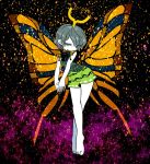  1girl antennae bare_arms bare_legs barefoot butterfly_wings dress eternity_larva eyebrows_visible_through_hair eyes_visible_through_hair gradient gradient_background grey_hair half-closed_eyes head_tilt leaf looking_away multicolored multicolored_clothes multicolored_dress outstretched_arms pollen short_hair slit_pupils solo tiptoes touhou visible_ears wide_hips wings yellow_eyes yt_(wai-tei) 