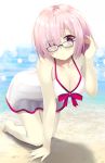  1girl 7_calpis_7 all_fours beach blush breasts cleavage closed_mouth collarbone eyebrows_visible_through_hair eyes_visible_through_hair fate/grand_order fate_(series) glasses hair_over_one_eye highres large_breasts looking_at_viewer purple_hair shielder_(fate/grand_order) smile solo swimsuit type-moon violet_eyes 