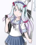  admiral_paru cosplay eromanga_sensei headband izumi_sagiri kantai_collection light_blue_hair namesake ribbon_hair sagiri_(kantai_collection) sagiri_(kantai_collection)_(cosplay) school_uniform tablet 